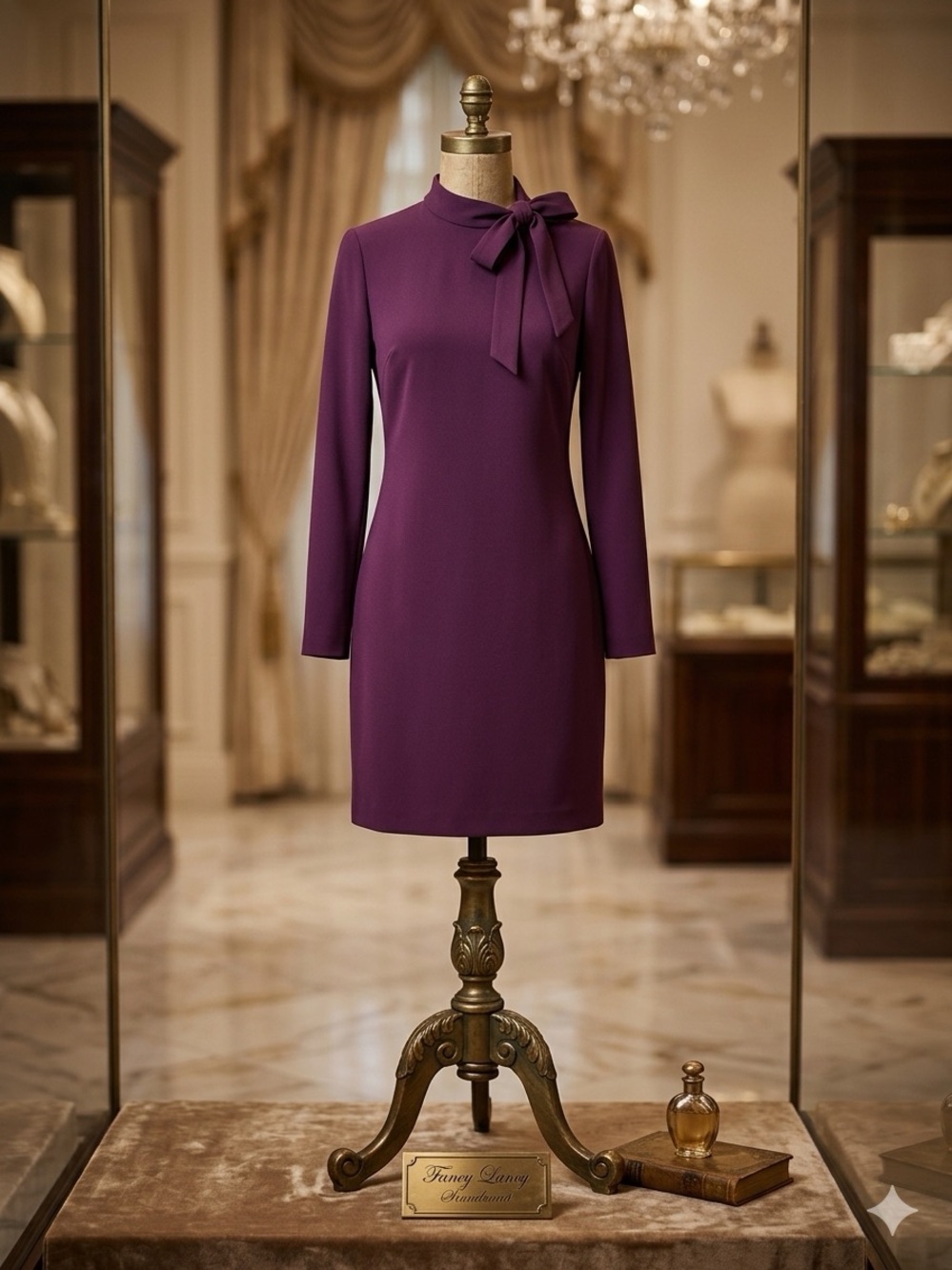 Elegant Purple Long-Sleeve Bow Neck Sheath Dress
